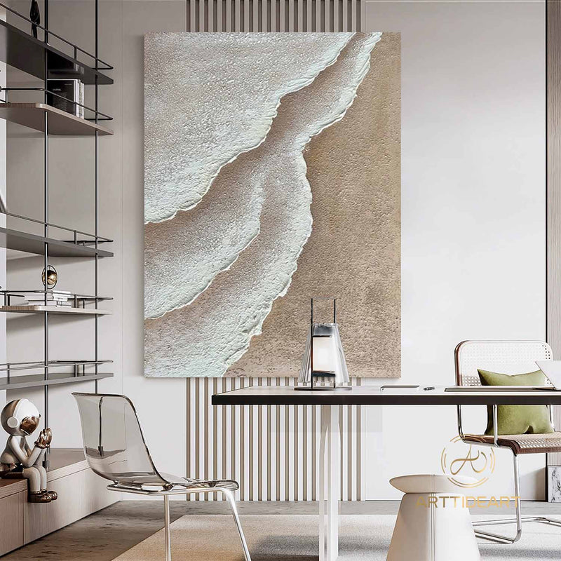 3D Minimalist Ocean Painting on Canvas Textured Wall Art Earth Tone Waves Art Wabi-Sabi Wall Art Living Room Painting Fashion Room Decor