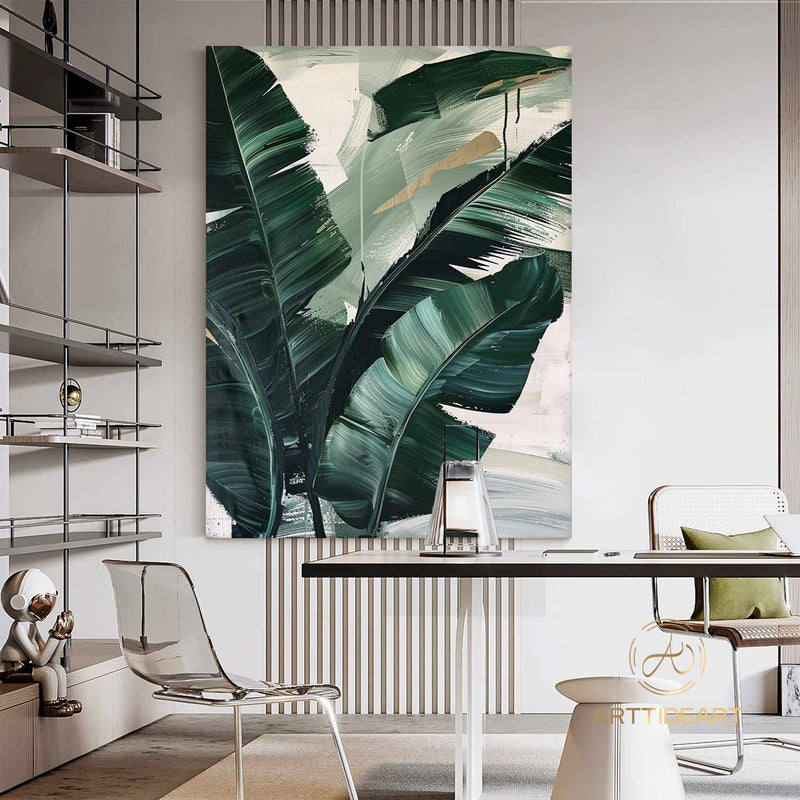 Modern Banana Leaf Canvas Oil Painting, 100% hand-painted custom artwork, landscape botanical paintings, living room wall decor fashionable