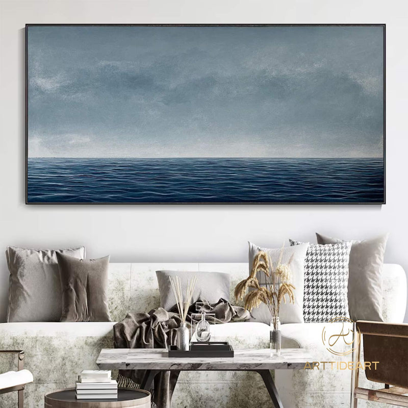 Blue Ocean Wave Landscape Oil Painting on Canvas, Large Abstract Custom Original Sea Beach Acrylic Painting Living Room Wall Art Home Decor