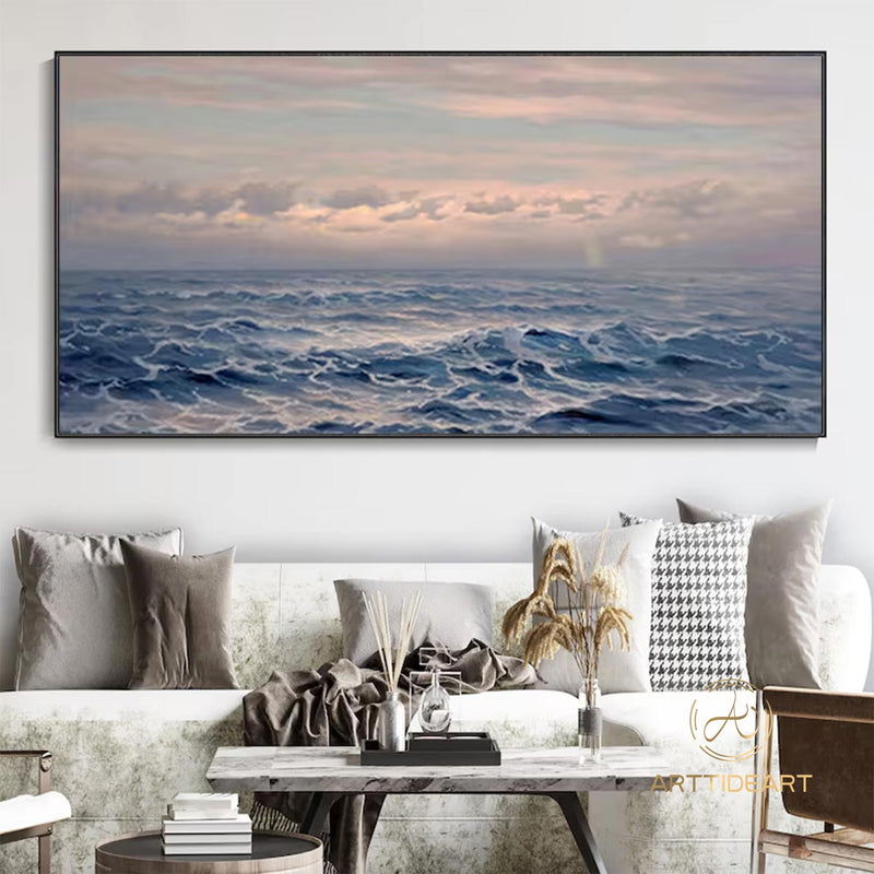 Sea Canvas Oil Painting, Holiday Seascape Texture Art, Blue Sky Cloud Mural Ocean Living Room Decor Painting sunset painting Custom Painting