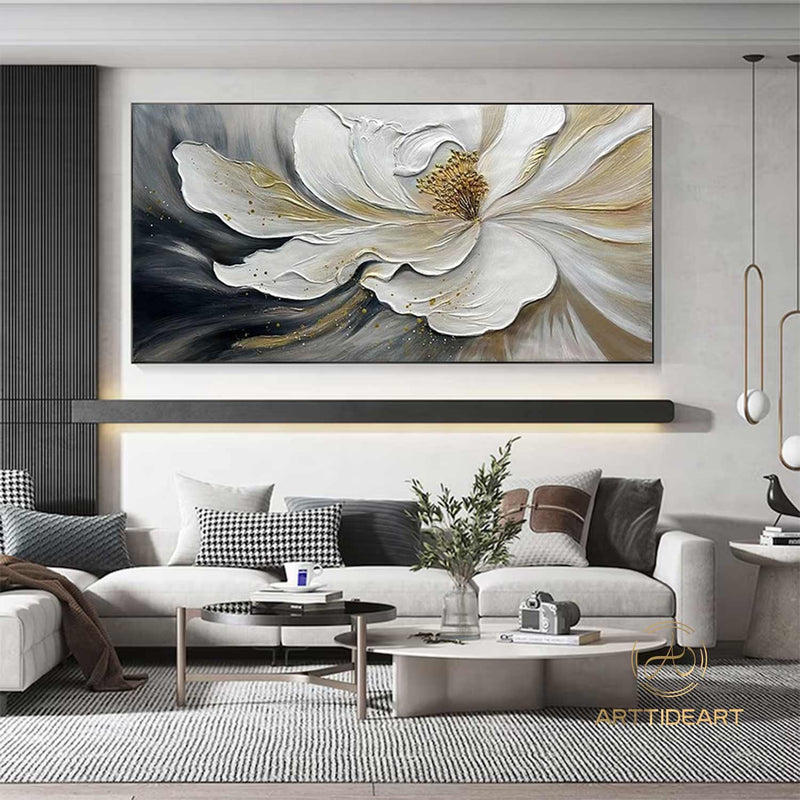 Large Abstract White Flower Oil Painting On Canvas,3D Flower Painting,Abstract Textured Floral，Palette Knife Modern Living Room Home Decor