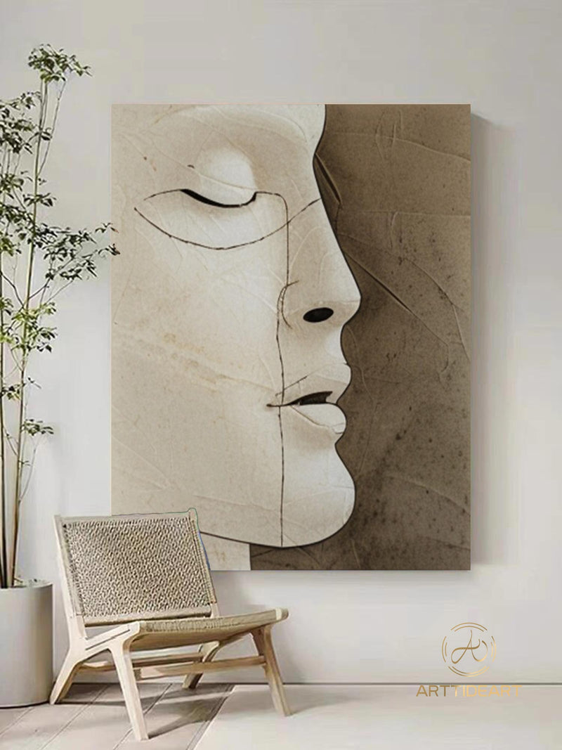 Figure Abstract Painting Portrait Abstract Painting Man Face Wall Art Large Textured Wall Art Original Beige Wall Painting Brown Oil Painting
