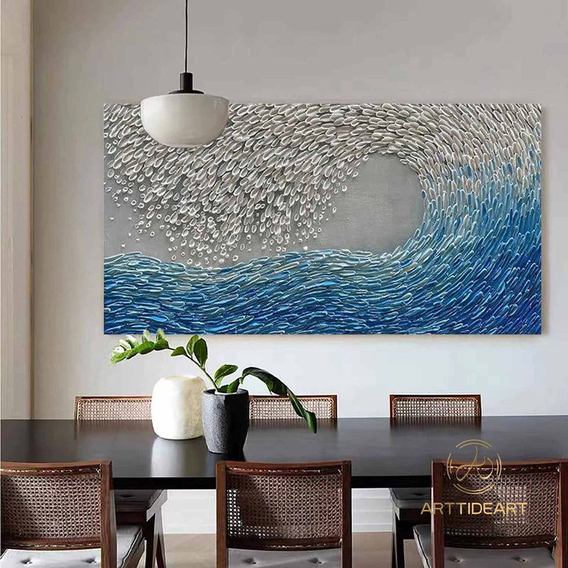 Texture Blue Wave Acrylic Painting Framed Surf Wave Painting On Canvas Abstract Ocean Canvas Art Wave Wall Art Large Wave Canvas Wall Decor