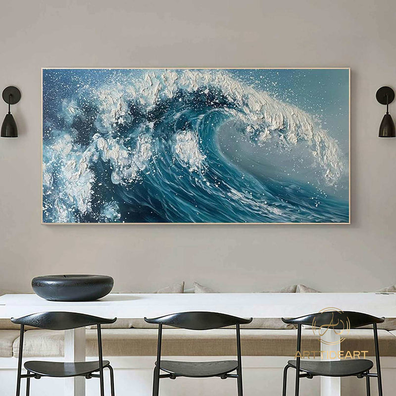 Blue Big Sea Wave Seascape Painting on Canvas Large Original Ocean Wall Art Beach Landscape Acrylic Painting Living Room Wall Art Home Decor