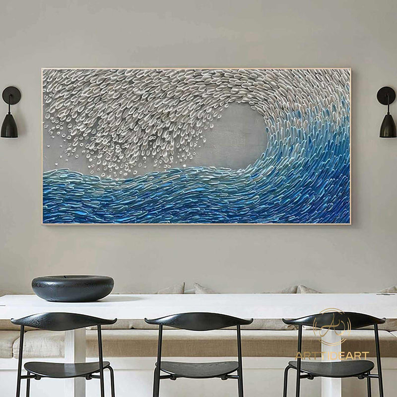 Texture Blue Wave Acrylic Painting Framed Surf Wave Painting On Canvas Abstract Ocean Canvas Art Wave Wall Art Large Wave Canvas Wall Decor