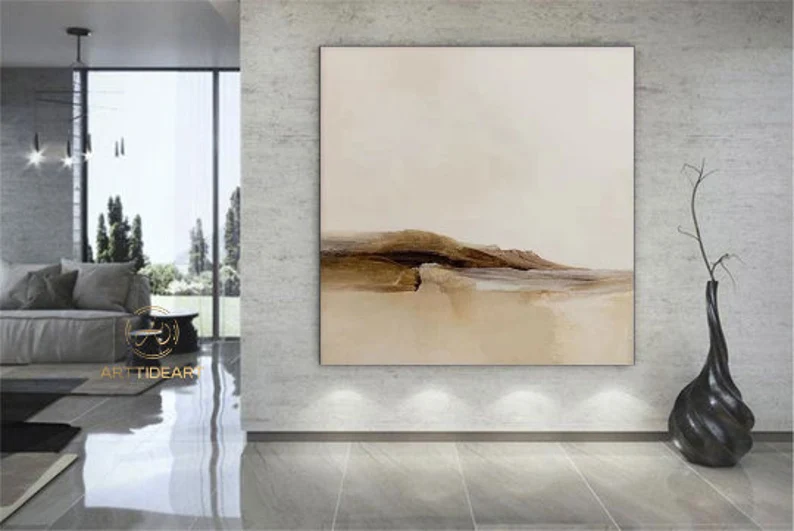 Large Beige Abstract Painting Beige Painting Brown Painting,Contemporary Oil Paintings For Living Room, Oversized Minimal Scandinavian Art