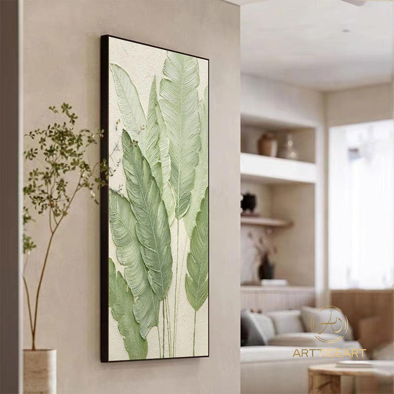 Large Green Leaf Textured Painting on Canvas Green Minimalist Wall Art Leaf Landscape Painting Green Minimalist Painting Boho Wall Art Decor