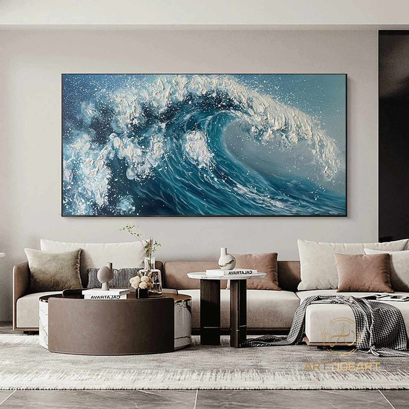 Blue Big Sea Wave Seascape Painting on Canvas Large Original Ocean Wall Art Beach Landscape Acrylic Painting Living Room Wall Art Home Decor