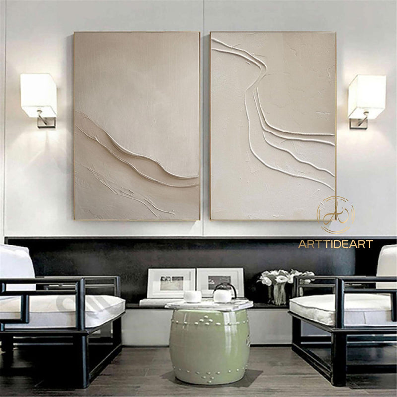 Set of 2 large pure beige white wall art 2 piece beige painting on canvas 3d textured wall art beige canvas art 2 set beige minimal art