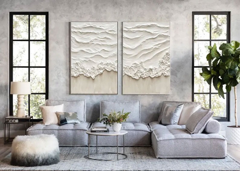 Abstract Beige Ocean Wave Wall Art,Set of 2 Beige 3D Textured Painting on Canvas,Wabi Sabi Wall Art,Beige Canvas Wall Art,Modern Wall Art