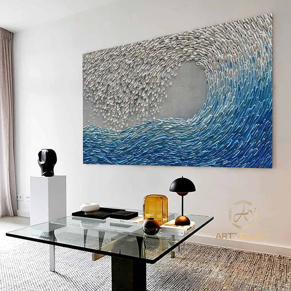 Texture Blue Wave Acrylic Painting Framed Surf Wave Painting On Canvas Abstract Ocean Canvas Art Wave Wall Art Large Wave Canvas Wall Decor