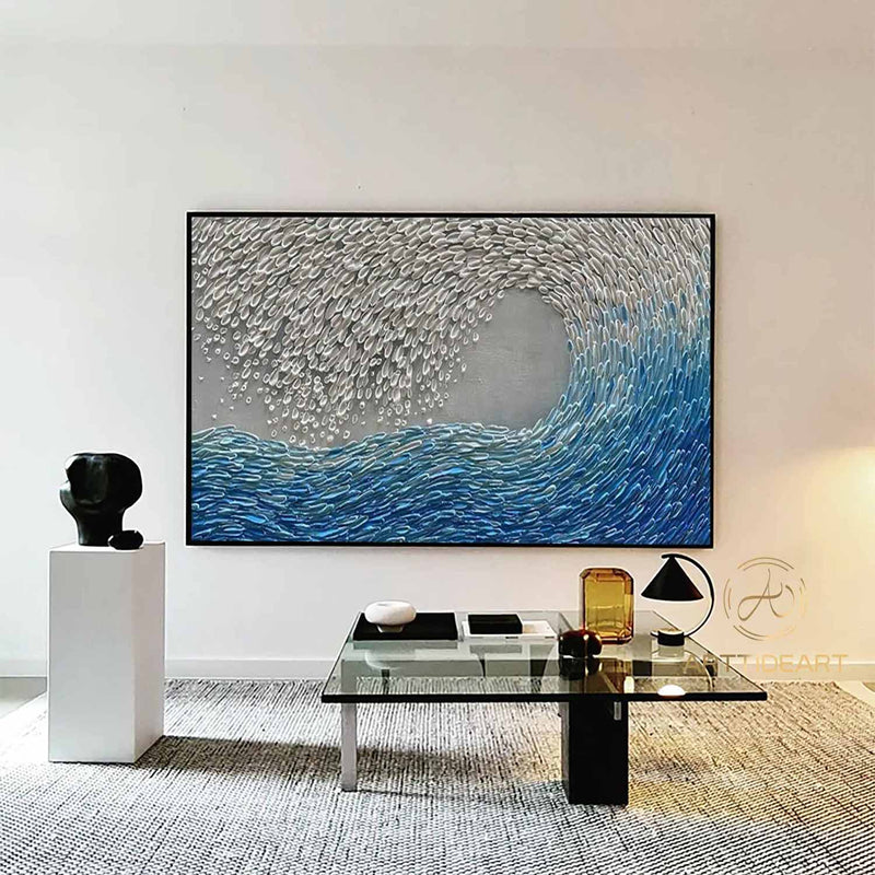 Texture Blue Wave Acrylic Painting Framed Surf Wave Painting On Canvas Abstract Ocean Canvas Art Wave Wall Art Large Wave Canvas Wall Decor