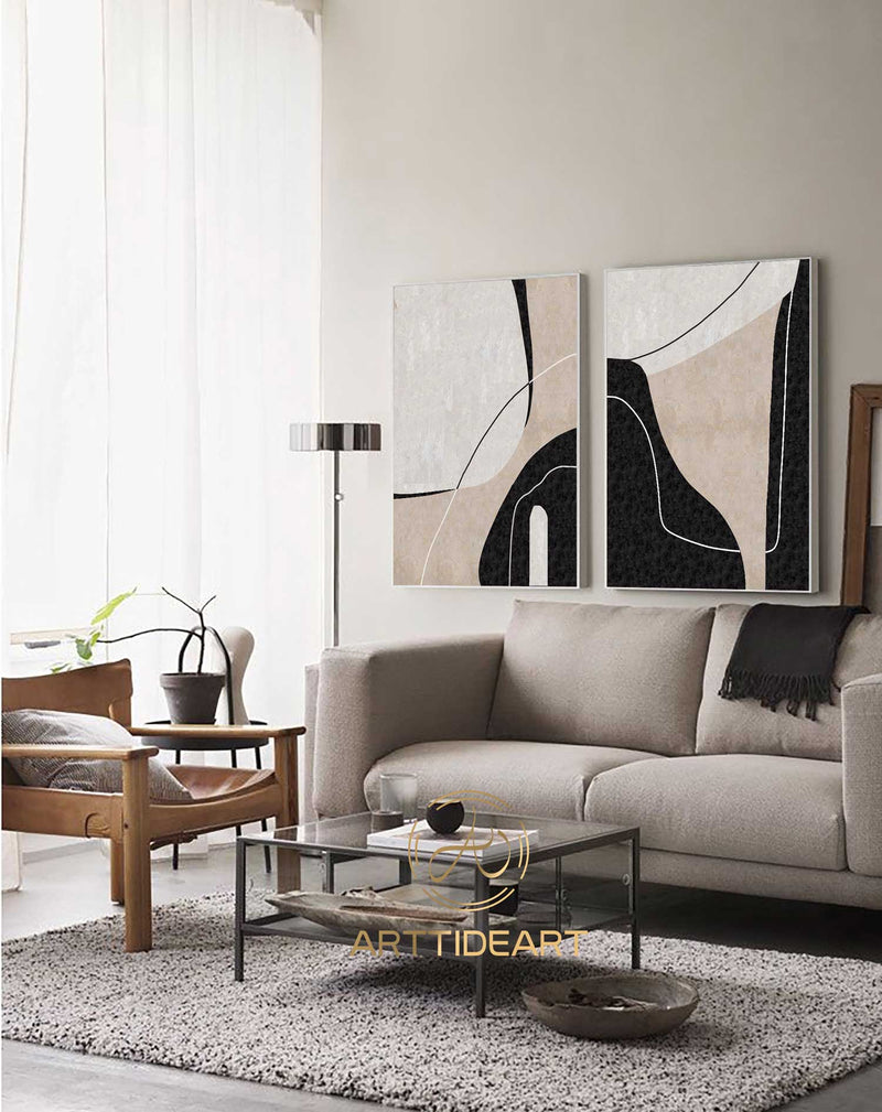 Set of 2 minimalist Abstract Painting Large Abstract Painting Set Of 2 Black Abstract Painting Black And White Wall Art Black And Beige art