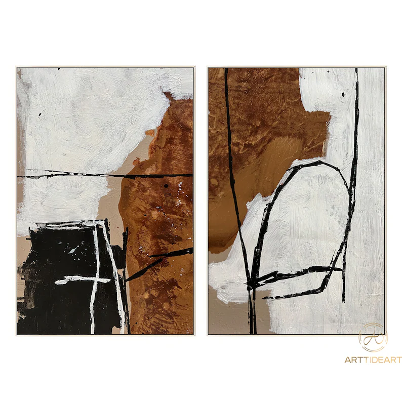 Set of 2 brown Abstract Painting beige Minimalist Painting Set of 2 white Wall Art Set black line Abstract Painting black and white Painting