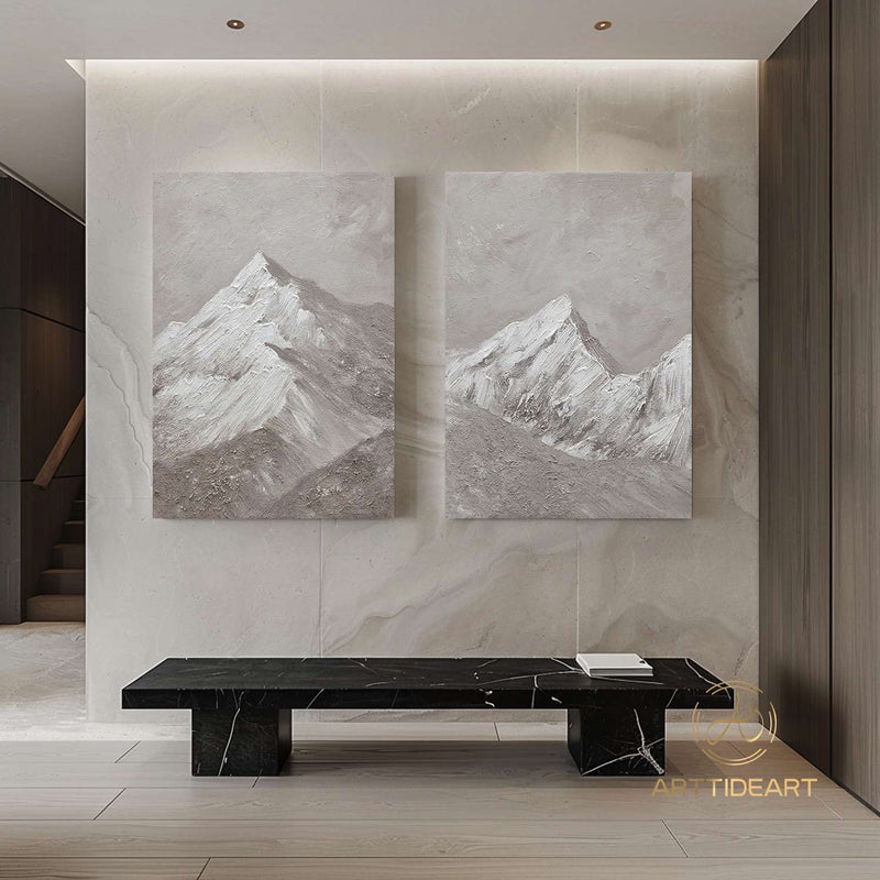 Set of 2 white Snow mountain painting Set of 2 Snow mountain abstract wall ar Set of 2 Beige textured wall art white abstract art