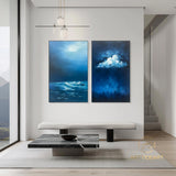 Abstract Ocean Cloud Wall Art Set of 2 Blue and White Textured Painting Modern Minimalist Painting On Canvas Blue Sea Texture Wall Art