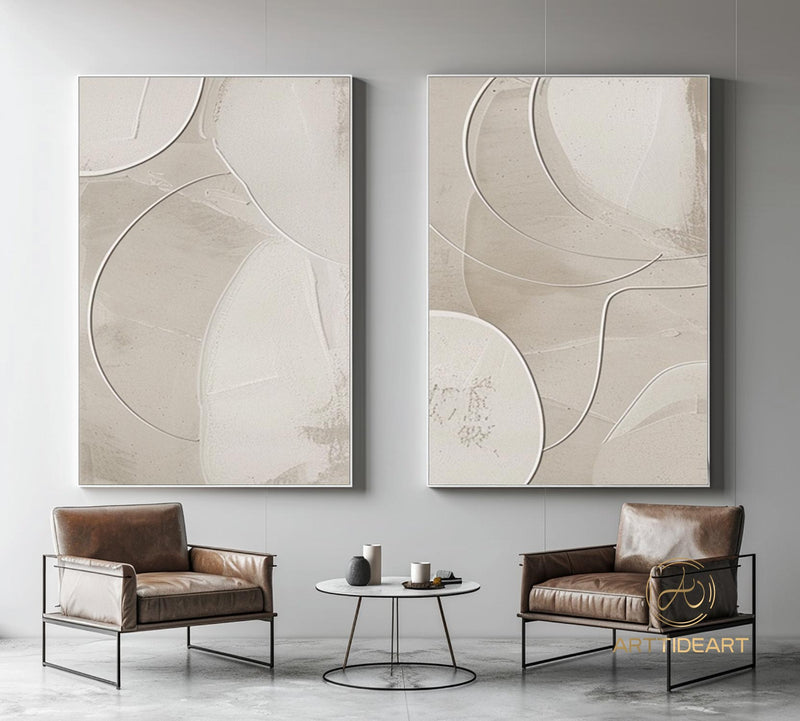 Pure Beige Textured Wall Art Beige Minimalist Painting on Canvas Set of 2 Beige 3D Texture Painting Larger Beige Minimalist Wall Art