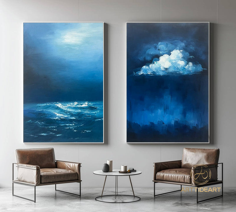 Abstract Ocean Cloud Wall Art Set of 2 Blue and White Textured Painting Modern Minimalist Painting On Canvas Blue Sea Texture Wall Art