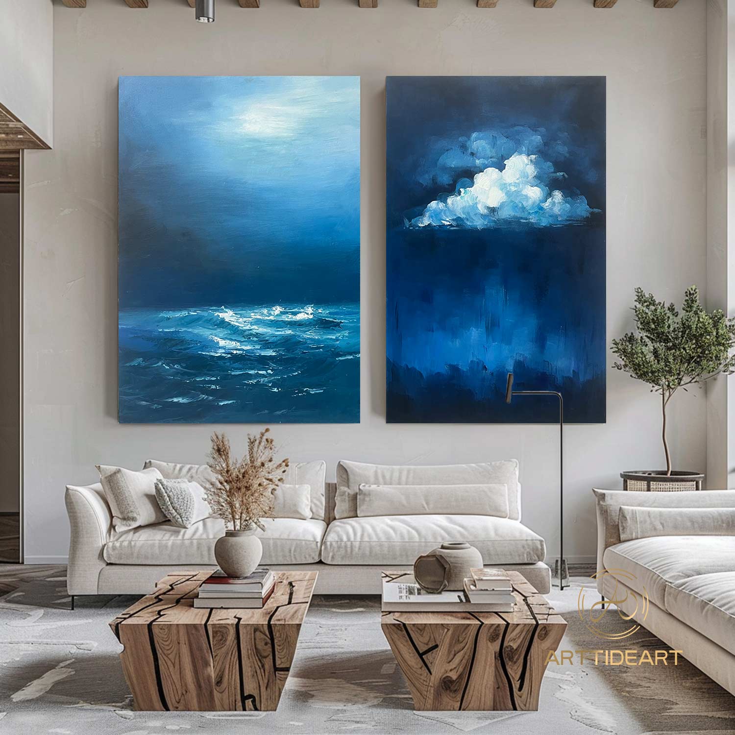 Abstract Ocean Cloud Wall Art Set of 2 Blue and White Textured Painting Modern Minimalist Painting On Canvas Blue Sea Texture Wall Art