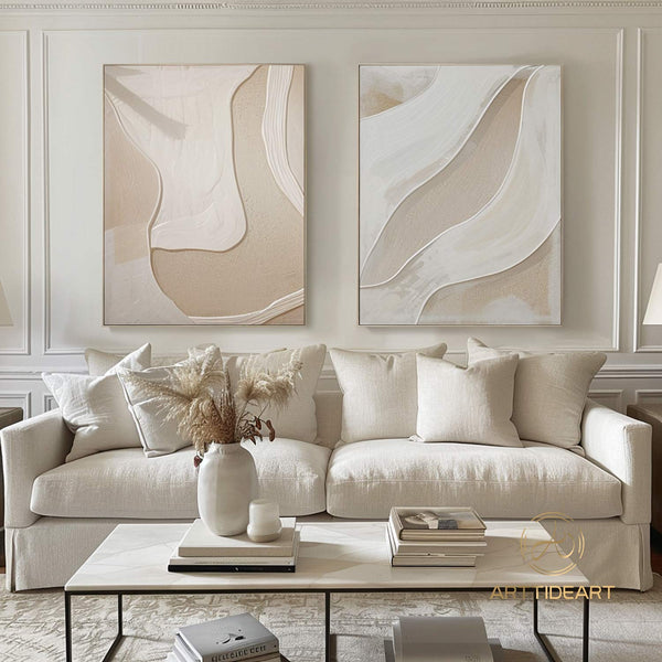 Beige 3D Texture Painting on Canvas Set of 2 Beige Abstract Art Wabi Sabi Wall Art Minimalist Wall Art Beige Plaster Art Modern Wall Art