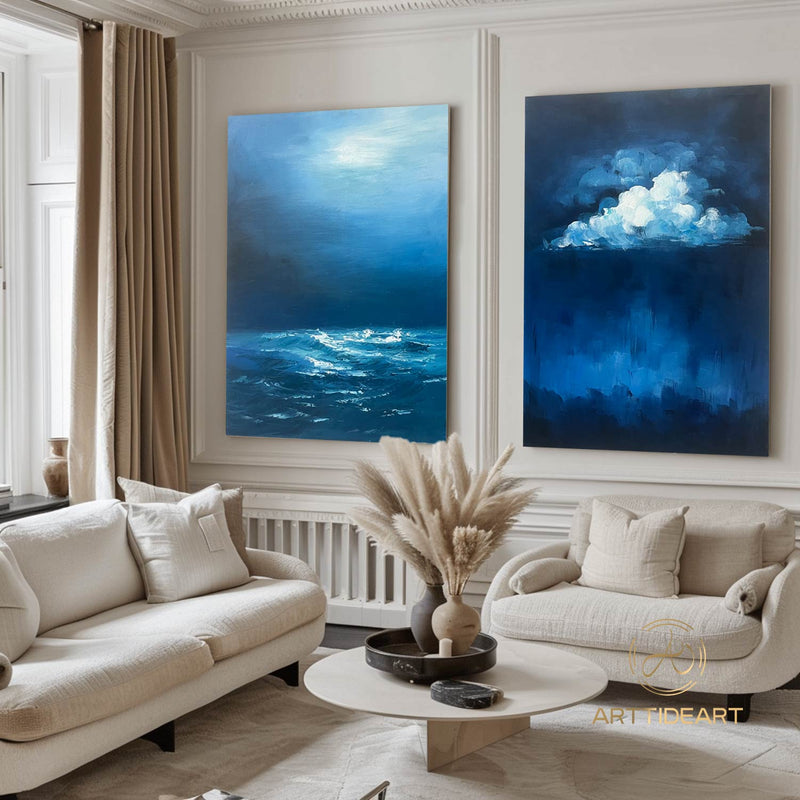 Abstract Ocean Cloud Wall Art Set of 2 Blue and White Textured Painting Modern Minimalist Painting On Canvas Blue Sea Texture Wall Art