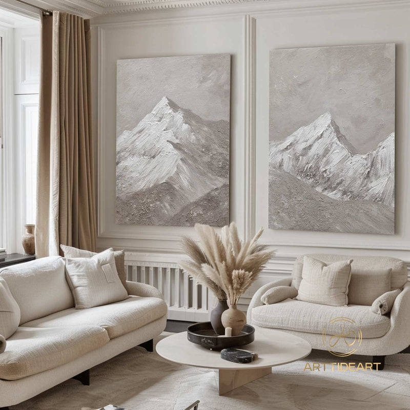 Set of 2 white Snow mountain painting Set of 2 Snow mountain abstract wall ar Set of 2 Beige textured wall art white abstract art