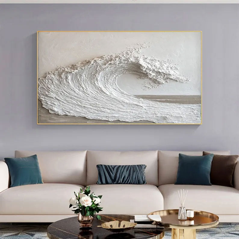 Abstract Ocean Wave Wall Art, White and Grey Textured Painting on Canvas, Modern Minimalist Wall Art, Neutral Wall Decor, Modern Wall Art