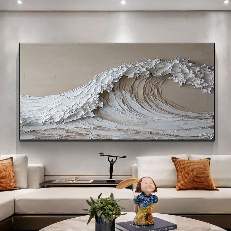 Abstract White and Beige Ocean Wave Painting, Large Canvas Wall Art, White Beige 3D Textured Wall Art, Minimalist Wall Art, Modern Wall Art