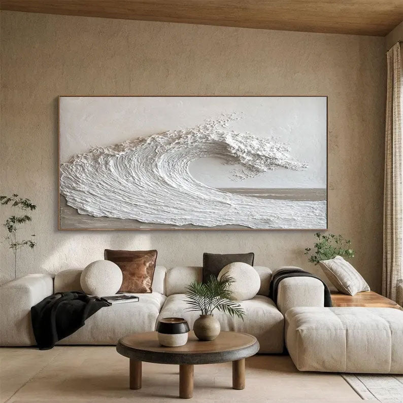 Abstract Ocean Wave Wall Art, White and Grey Textured Painting on Canvas, Modern Minimalist Wall Art, Neutral Wall Decor, Modern Wall Art