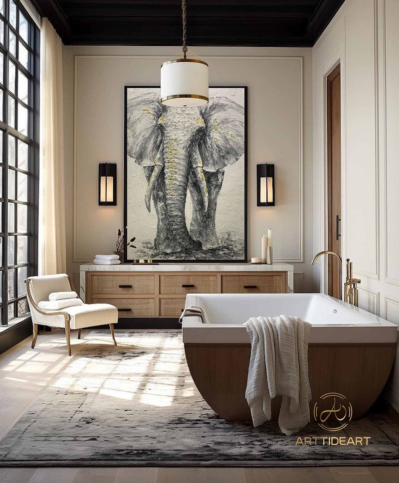 Elephant Original Painting Texture on Canvas, Wabi Sabi Framed Wall Art, POP Art Livingroom Bedroom Decor, Animal Elephant Art Gift For Her