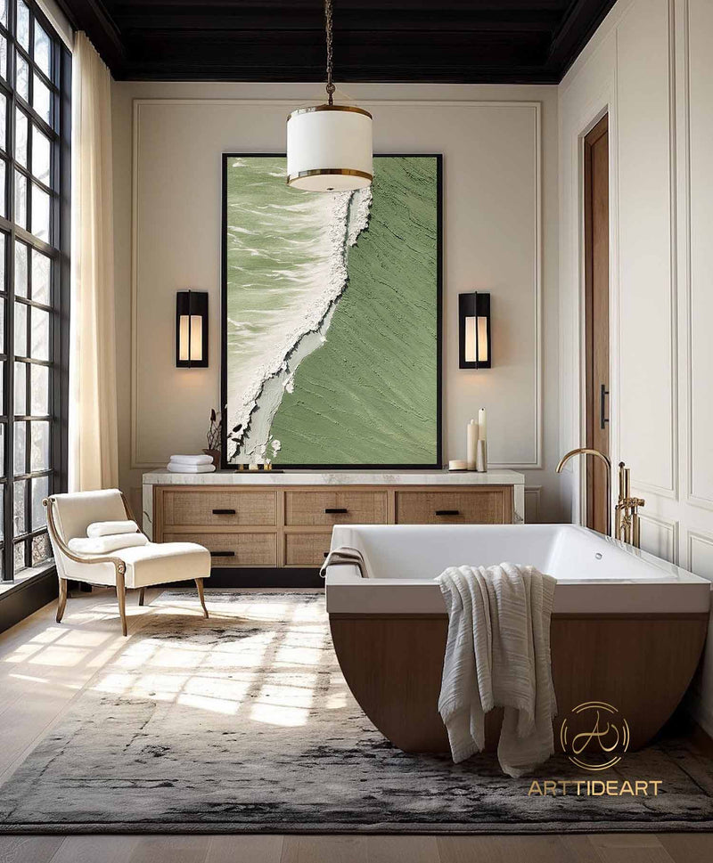 Green 3D Textured Sea Art White Waves Wabi-Sabi Minimalist Canvas Texture Art Beach Painting Mural Ocean Wave Canvas Wabi-Sabi Wall Art