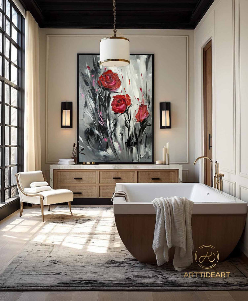 Original Roses Oil Painting On Canvas, Abstract Flowers Painting, Large Wall Art, Red Roses Decor, Custom Painting,Living room Wall Decor