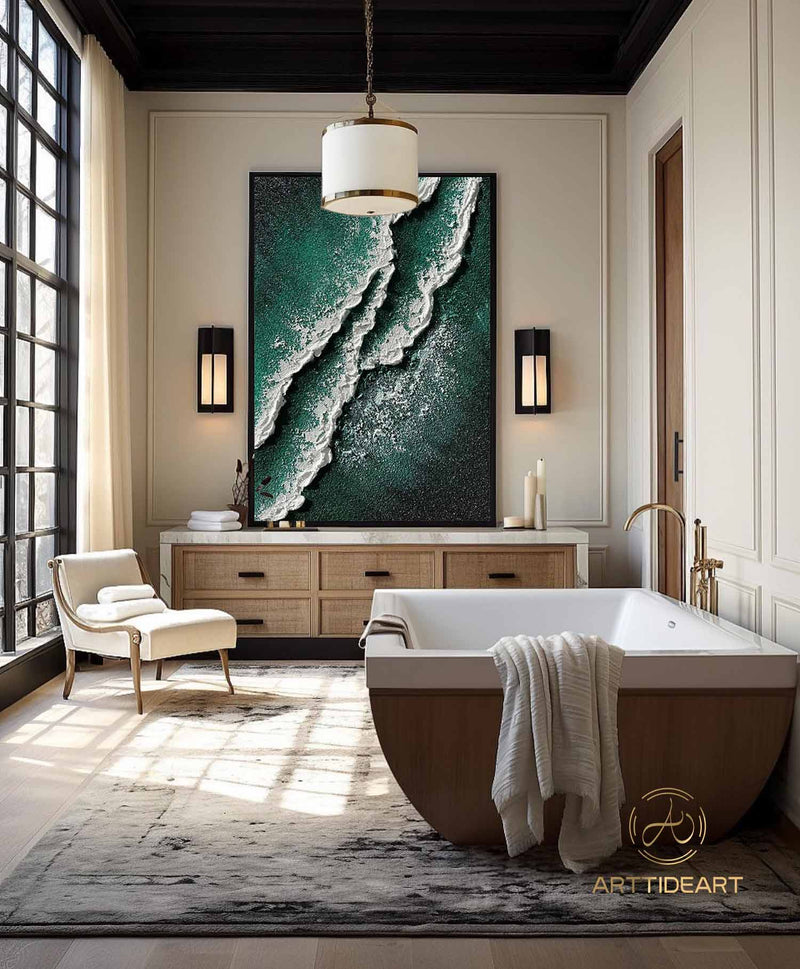 Green Ocean Oil painting Canvas Neutral Tone Wave Art Texture Wall Art Wabi-Sabi Wall Art Fashion Room Living Room Painting Decor