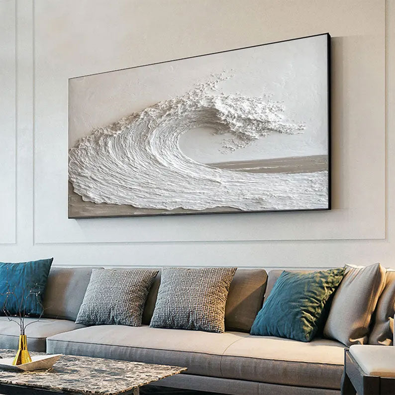 Abstract Ocean Wave Wall Art, White and Grey Textured Painting on Canvas, Modern Minimalist Wall Art, Neutral Wall Decor, Modern Wall Art