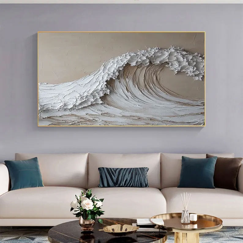 Abstract White and Beige Ocean Wave Painting, Large Canvas Wall Art, White Beige 3D Textured Wall Art, Minimalist Wall Art, Modern Wall Art