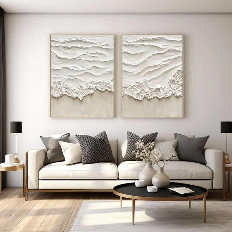 Abstract Beige Ocean Wave Wall Art,Set of 2 Beige 3D Textured Painting on Canvas,Wabi Sabi Wall Art,Beige Canvas Wall Art,Modern Wall Art