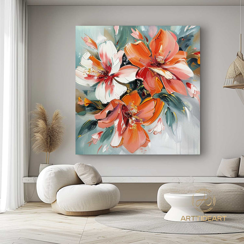 Abstract Orange Flower Oil Painting On Canvas Colorful Flower Textured Art Flower Minimalist Art Modern Living Room Decor Wall Art