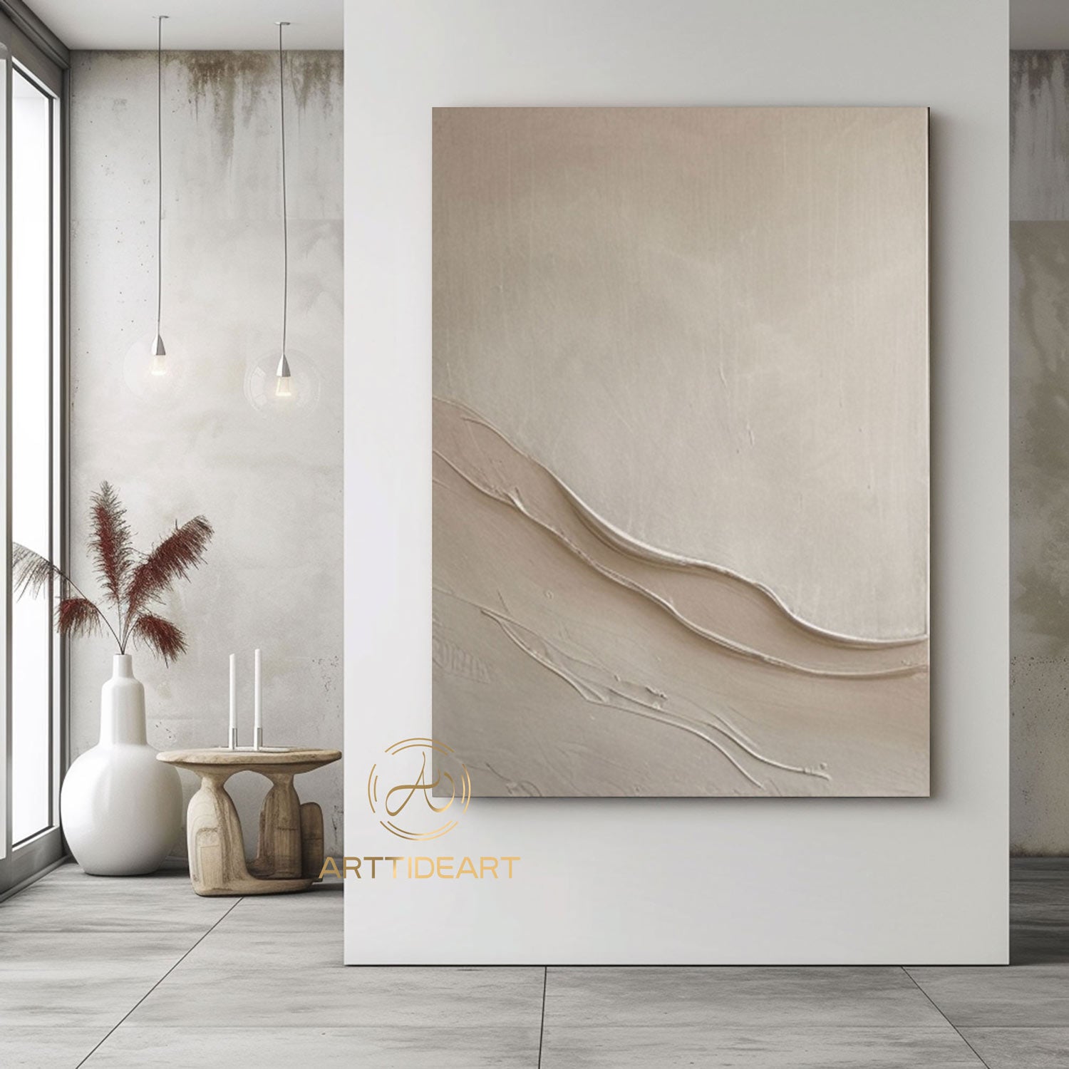 Large Beige Plaster Wall Art Beige Abstract Wave Painting Beige 3D Texture Painting Modern Minimalist Wall Art Neutral Minimalist Painting