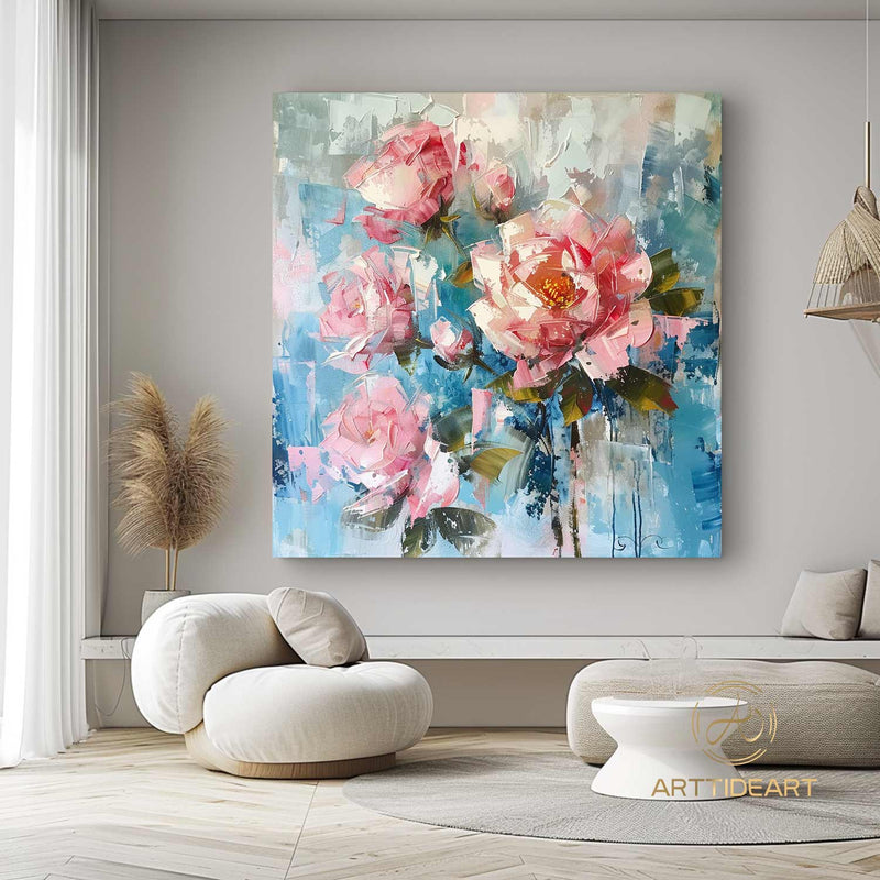 Original Roses Oil Painting On Canvas, Abstract Pink Flowers Painting, Large Wall Art, Custom Painting, Living room Wall Decor, Home Decor