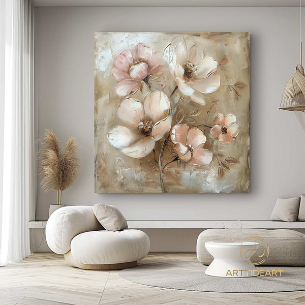 Original Flower Painting on Canvas Textured Wall Art Neutral Tone Custom Wall Art Floral Painting Modern Art Fancy Living Room Wall Art