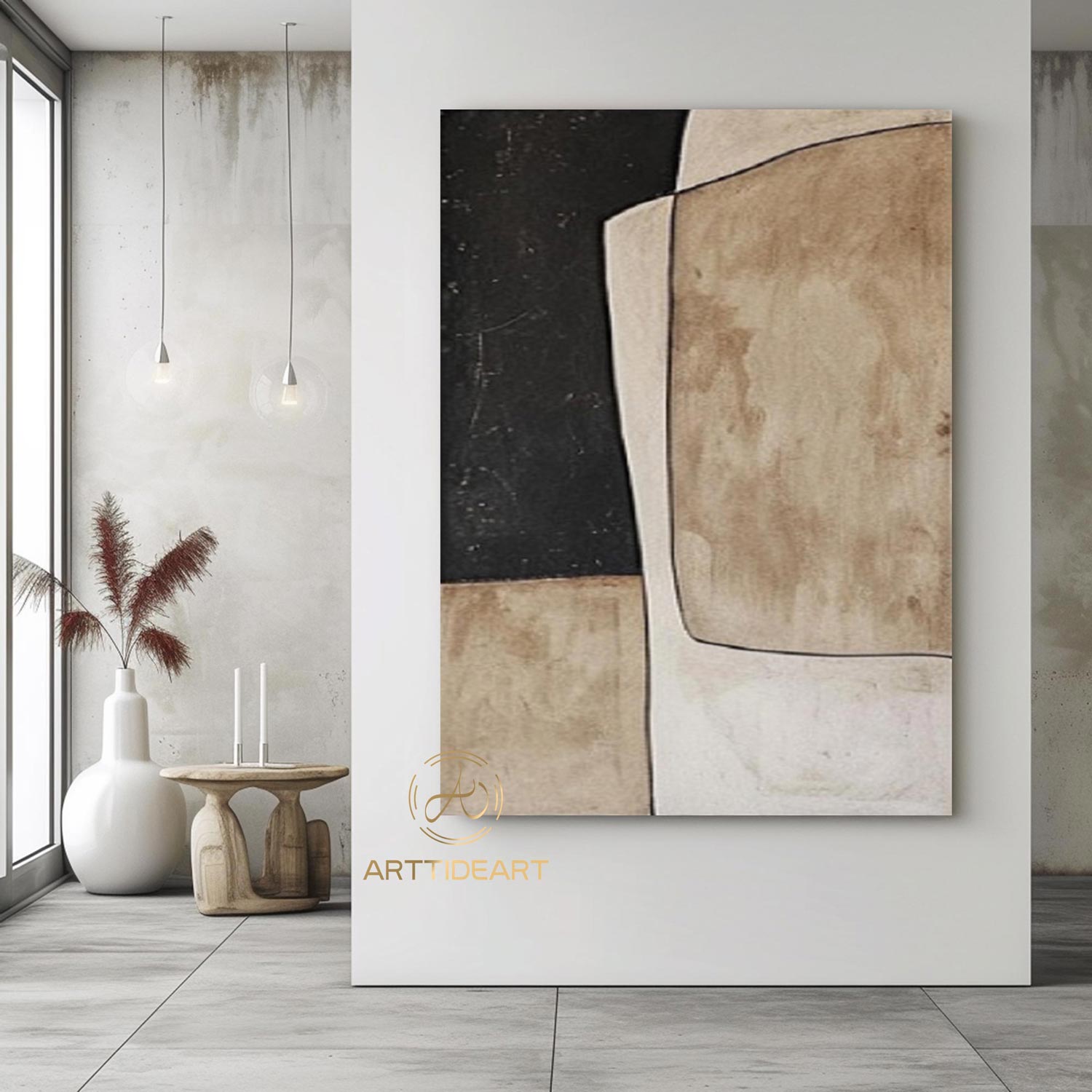 Brown Wall Art Beige Wabi-Sabi Wall Art Pure Beige Minimalist Painting Neutral Black Beige Minimal Wall Art Large Texture Painting on Canvas