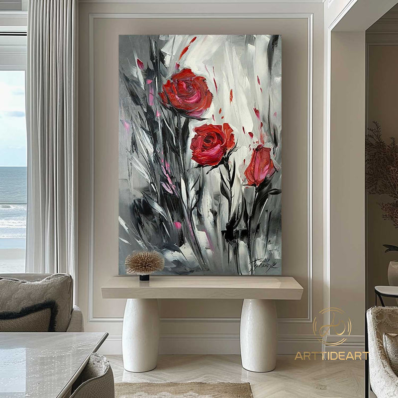 Original Roses Oil Painting On Canvas, Abstract Flowers Painting, Large Wall Art, Red Roses Decor, Custom Painting,Living room Wall Decor