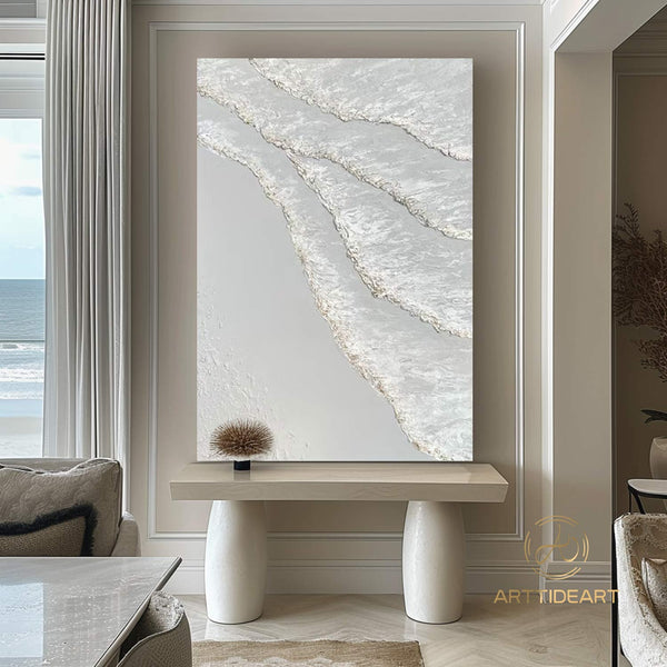 White ocean wave textured painting,sea beach painting,white textured abstract painting,white ocean painting,ocean wave landscape painting