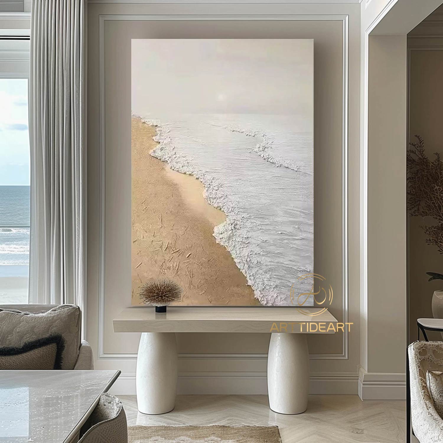 Sandy Beach Ocean Oil Painting On Canvas Blue Sky White Clouds Abstract Seascape Coastal Wall Art Acrylic Painting Large Wall Art Home Decor
