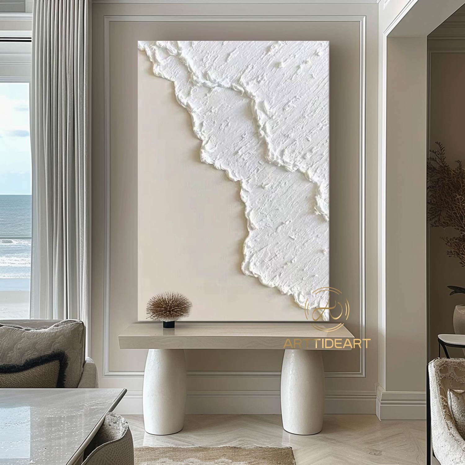 Large Textured Beach Acrylic Painting Framed 3D White Wave Canvas Painting Abstract Ocean Wave Art Coastal Wall Art Beach Pastel Room Decor