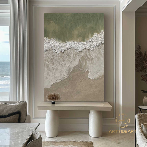 3D Green Minimalist Beach Painting Textured Wall Art Ocean Wave Painting on Canvas Wabi-Sabi Wall Art Living Room Painting Fashion Decor