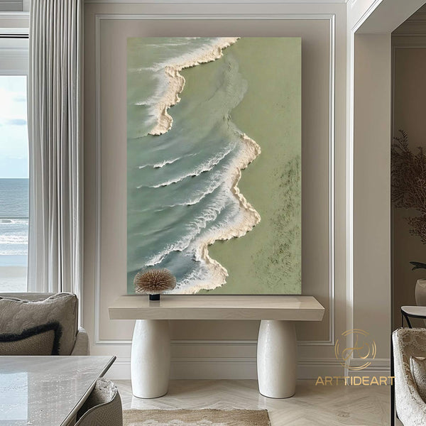 Large 3D Green Textured Ocean Painting,Large Wave Wall Decor,Abstract Sea Wall Art,Coastal Wall Art,Beach Canvas Painting,Green Ocean Art