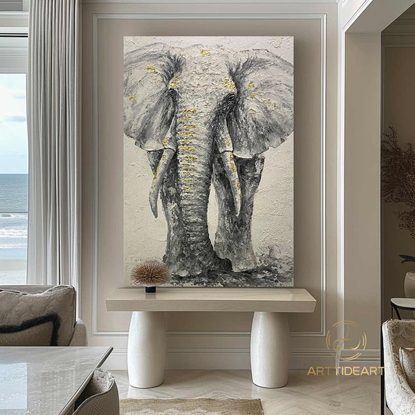 Elephant Original Painting Texture on Canvas, Wabi Sabi Framed Wall Art, POP Art Livingroom Bedroom Decor, Animal Elephant Art Gift For Her