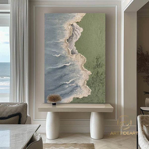 Light Green Sea Waves Beach Textured Painting On Canvas Original Ocean Beach Painting Seascape Wall Art Extra Large Wall Art Decor