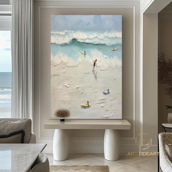 Textured Surf Wall Art Beach Swimming Art Framed Blue Beach Abstract Painting Summer Sea Wall Art Large Beach Landscape Painting Home Decor